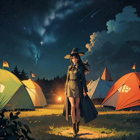 Snufkin,adult woman,long hair,black hair,curl,witch,night,under the starry sky,masterpiece,High resolution,beautiful face,lipstick,Traveling,full body,Soldiers returning from the battlefield,arms,gun,smoke of gunpowder,tent,extreme details,perfection,Like ...