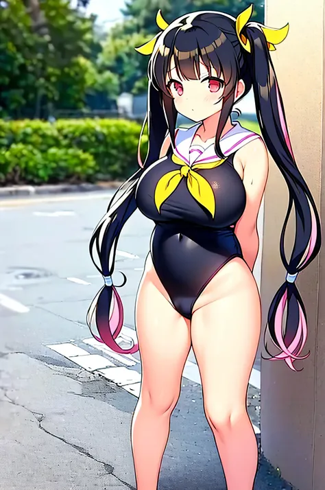 (twin tails,long hair),((big breasts)),standing position,girl,((Loli)),(Senran Kagura), black hair,exposed arms,High leg,leotard,sailor suit.close legs,((pink colored inner hair)),under hair,