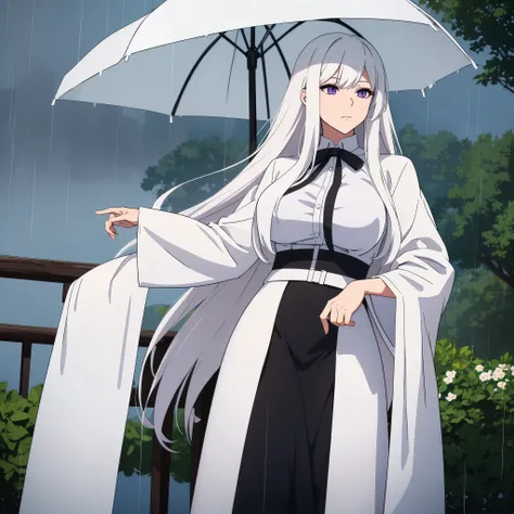 A woman wearing long white fur coat, white shirt, black skirt, long white hair, purple eyes, big breasts, in a park, the view of a distant sea, rainy and cold weather, fog,HDR, ultra resolution, very detailed, masterpiece, ultra quality, 4K HD. (solo, just...