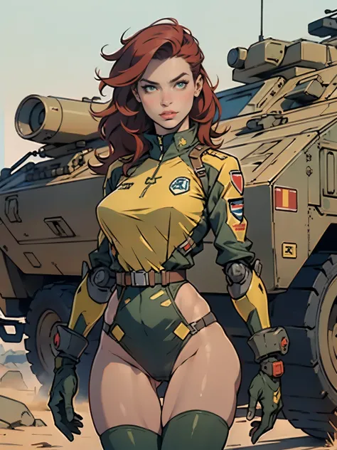 1woman 20 years old, military, beautiful, perfect body, realistic, red hair, perfect body, thin waist,  , large breasts, slim thighs, desert background, armored vehicle, flying fighters, military robot dog, camouflaged uniform, wealth of details, tight pan...