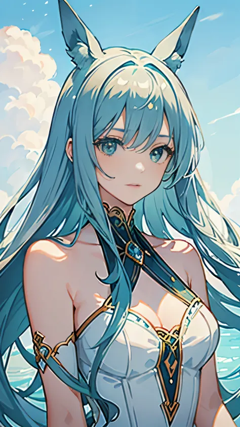 ((masterpiece, best quality)) illustration of a delicate and beautiful girl with long blue hair and green eyes, resembling a god...