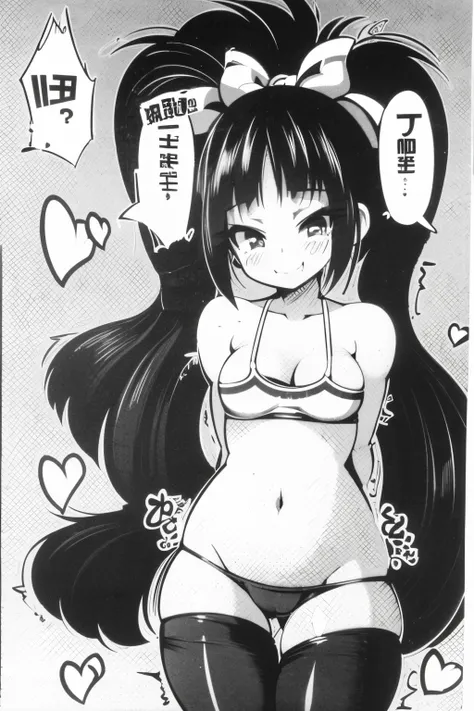 1girl in, , kawaii, pigtails, brown hair, knee socks, grinning, playful, innocent and pure, adorable girl, lewd, stripe panties, no clothes, backpack, hair bow, panties, , 2000’s anime style ( body) (very thin) (no curves) manga