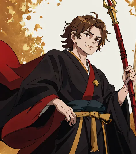 shady look, small grin, golden brown hair, shaggy hair, boy, suguru geto outfit, dark robes, red staff polearm