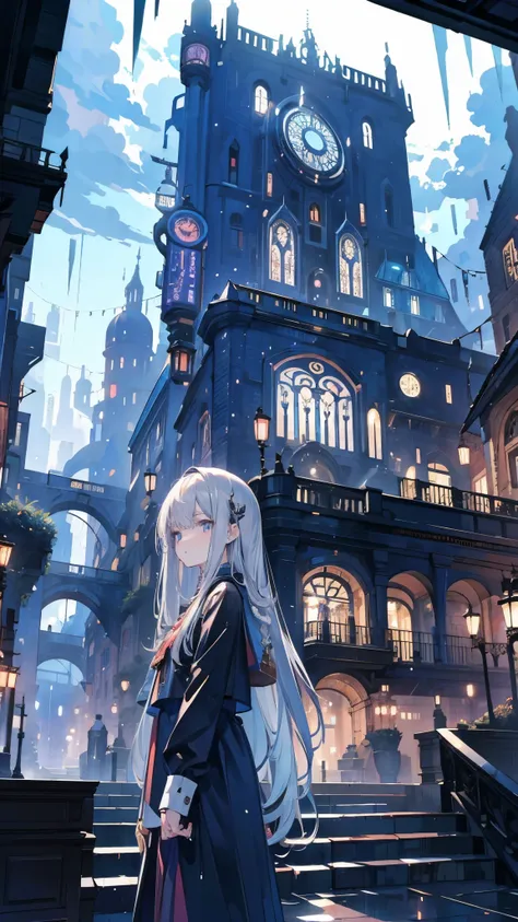 masterpiece, best quality, extra detail, cute, dramatic, rainy, dark, ruins city, a girl, long silver straight hair, far angle