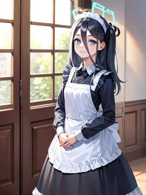 masterpiece, hd, 2d, alice, black hair, blue eyes, long hair, halo, wear maid dress, traditional maid dress, standing, indoor, s...