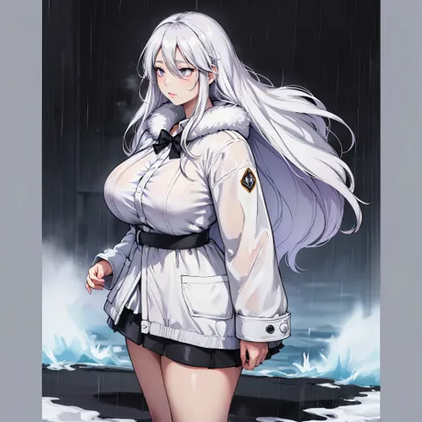 A woman wearing long white fur coat, white shirt, black skirt, long white hair, purple eyes, big breasts, in a park, the view of a distant sea, rainy and cold weather, fog,HDR, ultra resolution, very detailed, masterpiece, ultra quality, 4K HD. (solo, just...