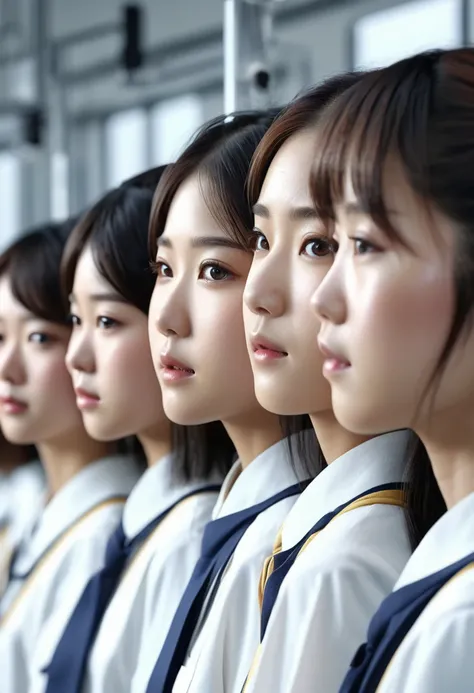 many beautiful Japanese female schoolchildren lined up next to each other, beautiful faces of Japanese women, they have a beige Japanese-style , they are in a high-tech laboratory, 4k, Ultra detailed image, realistic, Highly detailed, perfect composition, ...