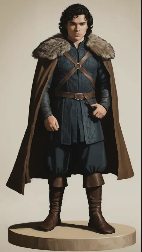 An illustrated movie poster, hand-drawn, full color, a Westerosi man, 28 years-old, wearing a medieval long coat and ankle-banded pants, resembles Gavin Leatherwood, sun-tanned skin, chubby face, stocky physique, deep brown eyes, wide bulbous nose, black h...