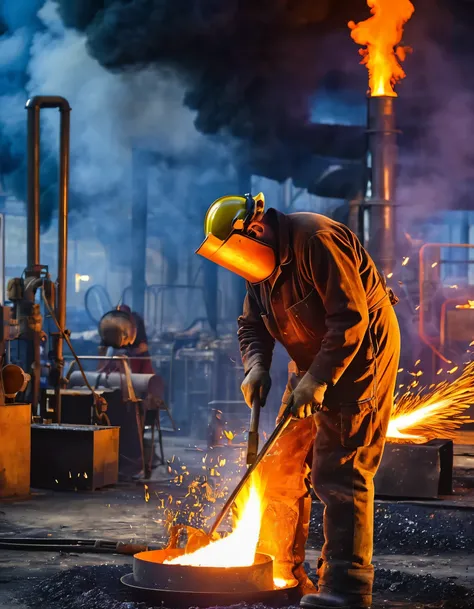 worker in a factory with a large fire in the background, smelters, industrial photography, steel mill, welding torches for arms, working in the forge, molten metal house, workers, very intense, professional work, molten, manufacturing, casting fire spell, ...