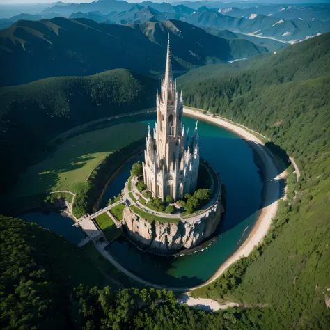 Aerial View of Towering steep and towering high Magic Tower in a cliff, wild forest, magic fog, Asymmetrical magic circle cliff canyon, ((Aerial View):1.2), (glowing runes), (luminous mark), Coexistence with the natural environment, Magic Tower, lush color...