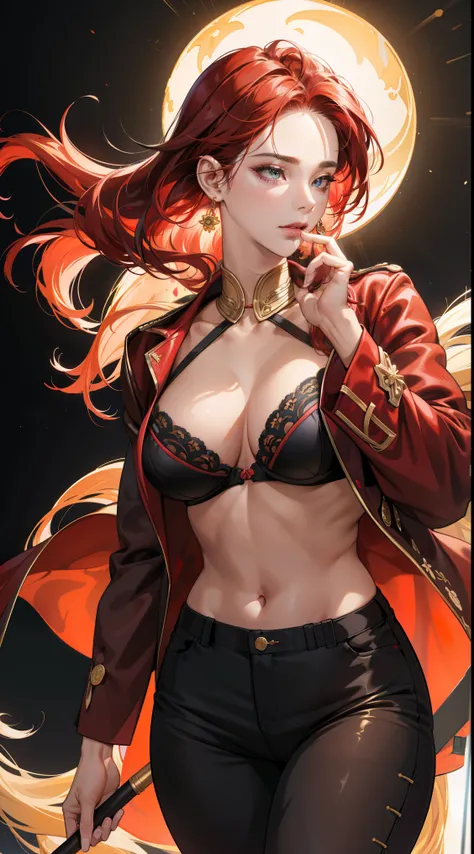 (best quality:1.5, highres, UHD, 4K, detailed lighting, shaders),best quality eyes, perfect hands, perfect finger  , red floral haired, gradient hair, big breasts, red bra, big thighs,  big butt, red jacket,  red long pants, mature woman , (pov), black bac...