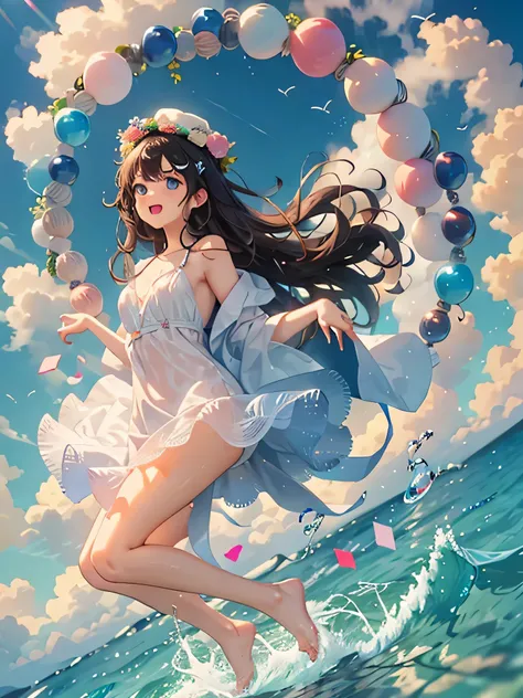 （A big rainbow floating in the sky after the rain）、Pretty girl looking up、sunny、anime style illustration、watercolor style、full body shot、White Cami Dress、white clothes、white skirt、barefoot、