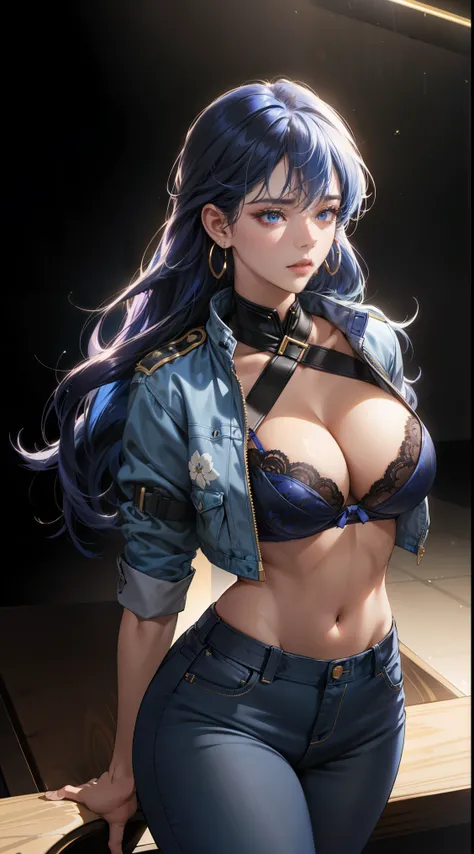 (best quality:1.5, highres, UHD, 4K, detailed lighting, shaders), best quality eyes, perfect hands, perfect finger, blue floral haired, gradient hair, big breasts, blue bra, big thighs,  big butt, blue jacket,  blue long pants, mature woman , (pov), black ...