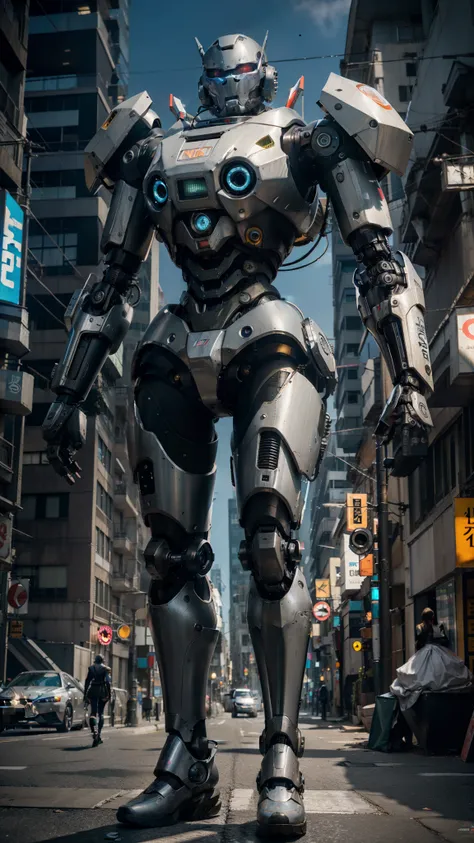 There is a robot that is standing on a city street, ciber yo, beautiful robot character design, robot de cuerpo completo, Profundo Cyberpunk Mechanoid, painterly humanoid mecha, mecha inspirado, mech robot futuristic, Arte digital 4k muy detallado, robot c...