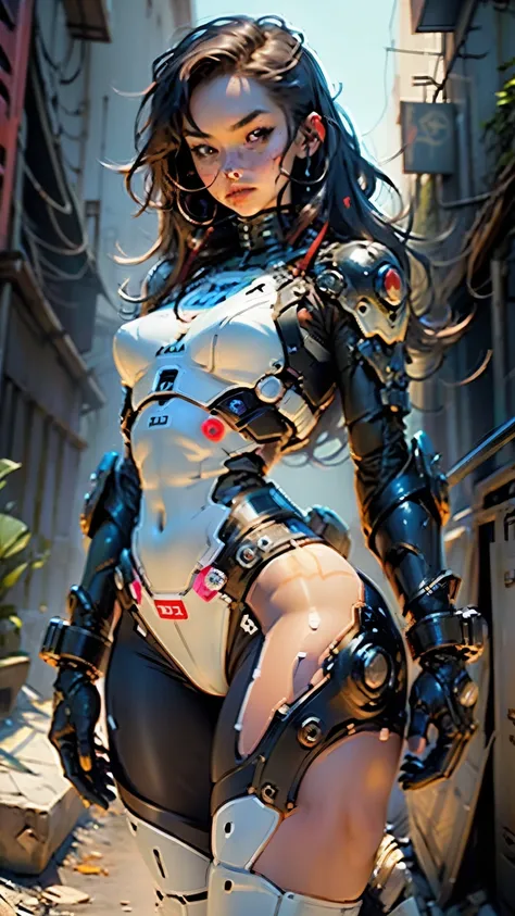 Woman body defined thick thighs cybernetic body parts, short underwear