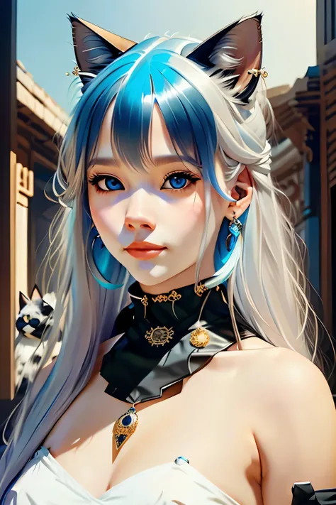 1girl, solo, long hair, smile, blue eyes, jewelry, closed mouth, white hair, earrings, choker, lips, animal, black choker, cat, looking up, portrait, freckles, on head, animal on head, cat on head