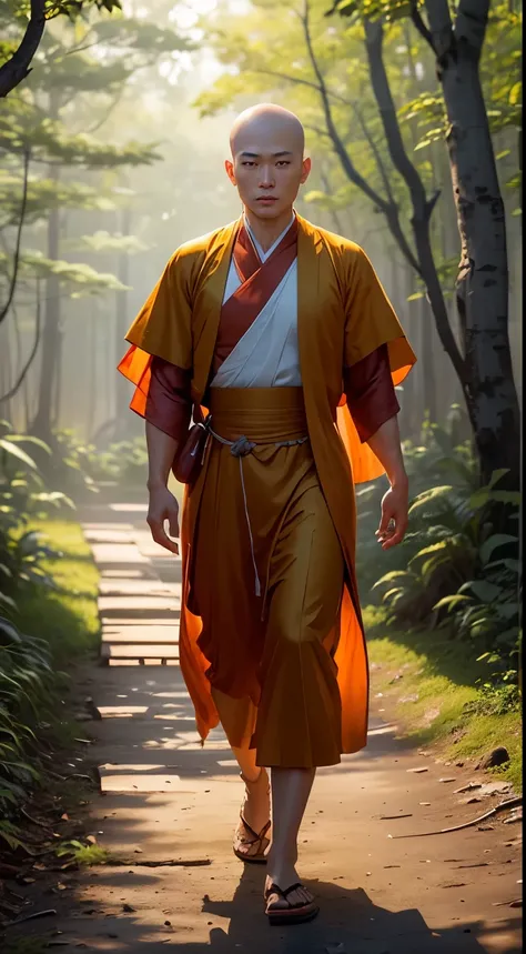 realistic 4k of a handsome Asian man,real face.perfect body like a korean supper star,shaved the head,dress in a brown thai buddhist monk, walking on the nature path in the forest,ligh is in the morining with yellow sun light and mist