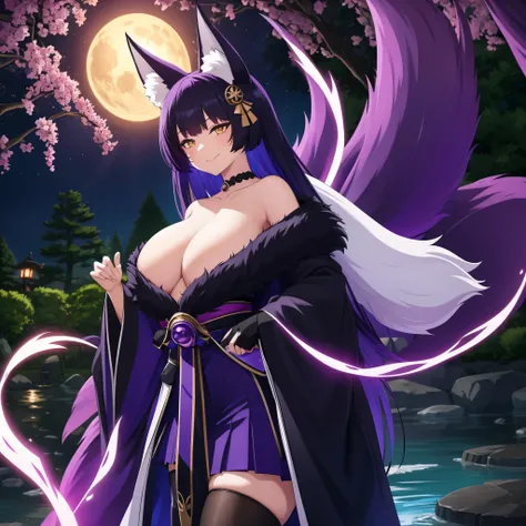 A woman wearing a kimono with a short dark purple skirt, dark purple fur cape, kitsune ears, kitsune tail, multi tail, large breasts, in a Japanese garden at night, with purple rays in the sky, yellow eyes, smiling,HDR, ultra resolution, very detailed, mas...