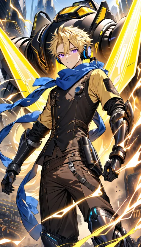 Young adult 15 year old anime male with fair skin, thin but toned body, blonde hair with a few black and white streaks, purple eyes, wearing a black steampunk vest, yellow shirt, dark brown pants, and a blue scarf, with high tech sci fi headphones, high te...