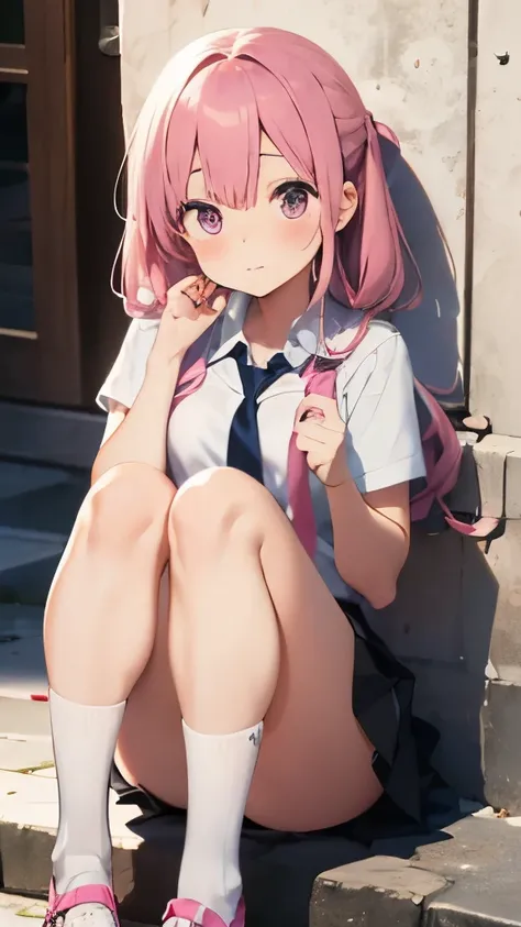 Pink hair and pink tie、anime girl, pink eyes, shy blush、mini skirt、White over-the-knee socks