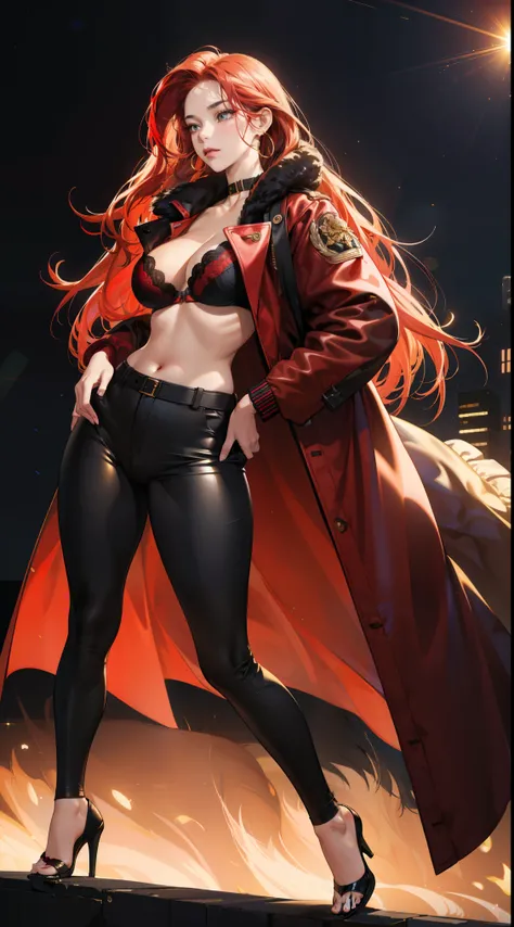 (best quality:1.5, highres, UHD, 4K, detailed lighting, shaders),best quality eyes, perfect hands, perfect finger  , red floral haired, gradient hair, big breasts, red bra, big thighs,  big butt, red jacket,  red long pants, mature woman , (pov), black bac...