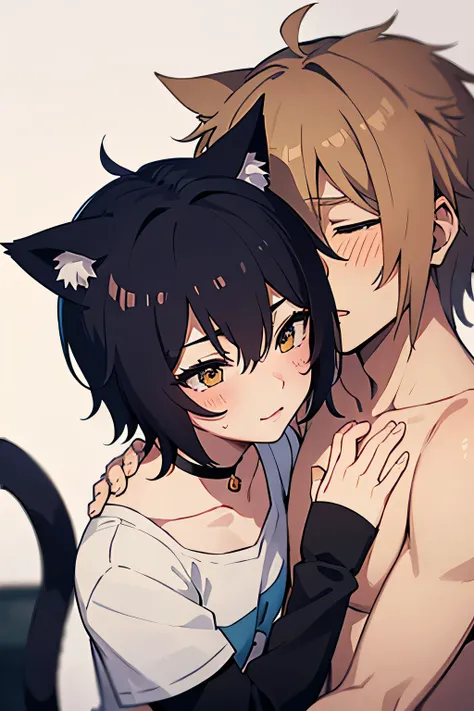 Neko anime boy kissing his boyfriend, blushing, cat ears, cat tail