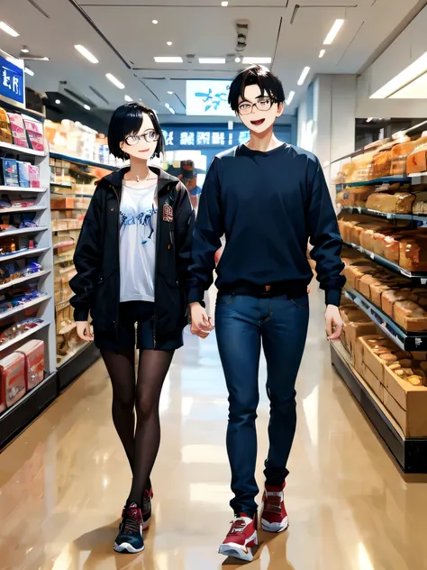 happy couple、(bob black hair short hair cute woman 20 years old cute green eyes glasses)and(black short hair young tall man 25 y...