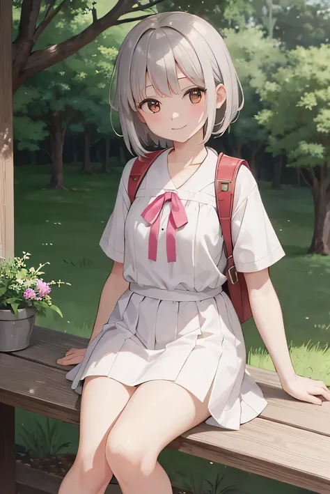 masterpiece, highest quality, High resolution, very detailed, detailed background, cinematic lighting, 1 girl, looking at the viewer, barefoot, dress, sitting, short sleeve, looking at the viewer, Grass, short hair, smile, gray hair, plump sleeves, outdoor...