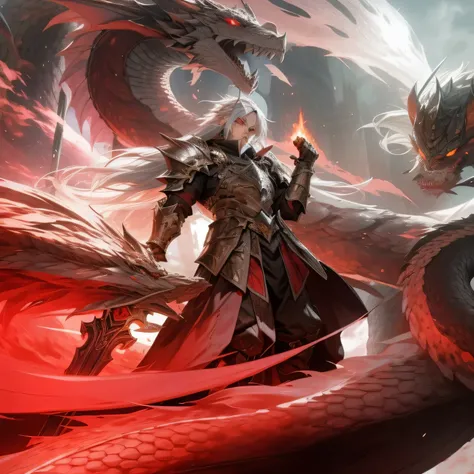 There was a man standing between three dragons，Silver hair flying，Heavy sword in hand，The metal armor on his body glowed with cold light，With red eyes, I look at the world coldly，Like Shura descending to earth