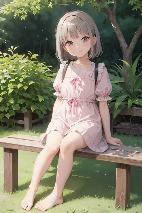 masterpiece, highest quality, High resolution, very detailed, detailed background, cinematic lighting, 1 girl,11 years old, looking at the viewer, barefoot, dress, sitting, short sleeve, looking at the viewer, Grass, short hair, smile, gray hair, plump sle...