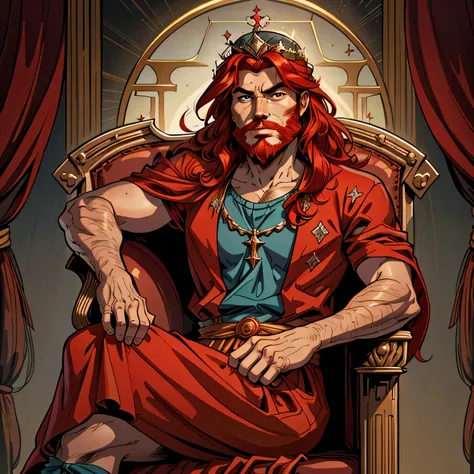 best quality image, man, 30s, medium long red hair, beard, wearing royal clothes, biblical style, looking straight ahead, serious expression, sitting on a throne, crown on his head, biblical style, Hebrew