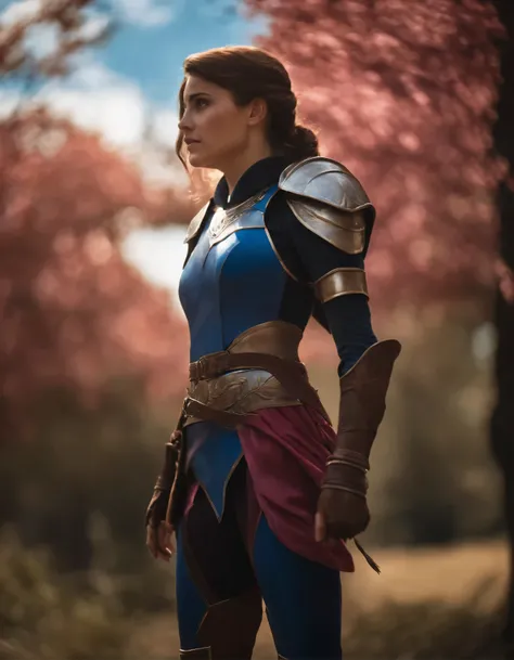 lapis fe, 1girl, solo, looking at viewer, blush, bangs, gloves, upper body, braid, hairband, outdoors, parted lips, sky, day, hand up, pink eyes, armor, tree, covered navel, blurry background, hand on own chest, shoulder armor, side braid, breastplate, red...