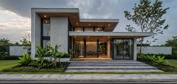 Masterpiece, high quality, best quality, authentic, super detail, outdoors, onestoreyvillaXL, aiaigroup, house style modern on the street ,stairs, white wall ,road,pavement, grass, trees, sky, cloud, (daylight:1.1)