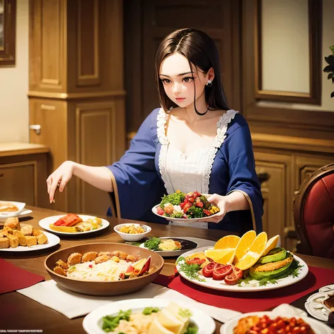 a princess with many foods on the table and have people on its side of the table