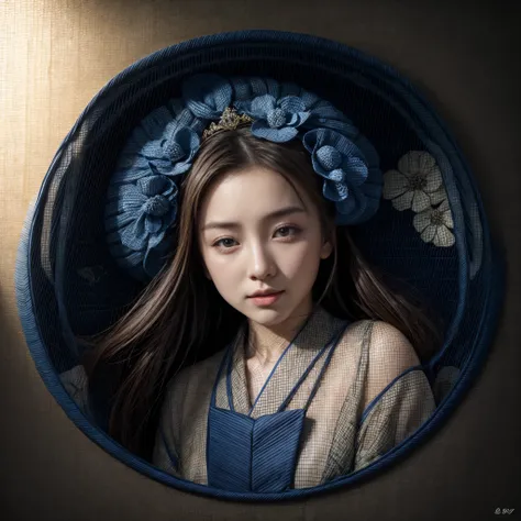 ((hyperrealistic, photorealistic, 8k, intricate details, cinematic quality)), the portrait of a beautiful Japanese geisha inside a circle, beautiful, with full lips, silky skin, beautiful eyes. wearing a beautiful kimono, a crown of flowers on her head wit...