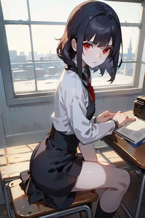 ((Best quality)), ((masterpiece)), (detailed), (anime),perfect face, 1 girl, black hair, pale skin, red eyes,  with short stockings, medium breasts, 18 years old, perfect ass, delgada, in classroom, POV.   