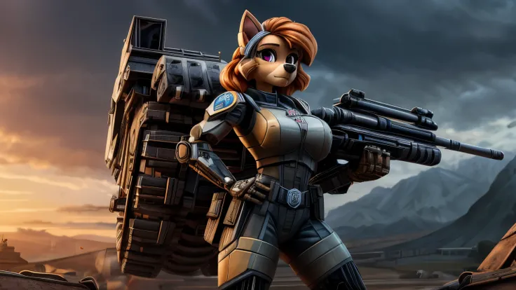 Skye from Paw Patrol, female cockapoo, anthro, wavy orange hair, magenta eyes, combat maiden, mecha, minigun, tall, serious, standing, extremely detailed, solo, beautiful, high quality, 4K, 8K, HDR