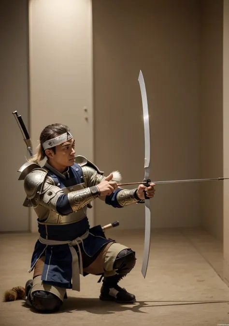 male archer with modern white samurai style armor, under the armor he wears a beige uniform, a mans Japanese face, short hair, he is shooting with his bow, they are in a high-tech laboratory, 4k, Ultra detailed image, realistic, Highly detailed, perfect co...