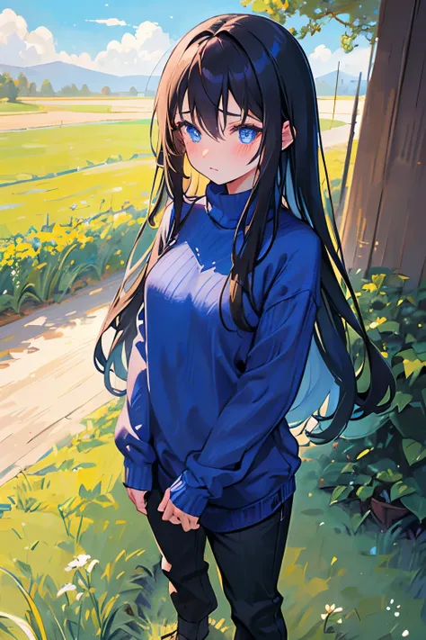 1girl, Black straight long hair, blue eyes, (Detailed face), Full body, ((intense Blue sweater)), medieval, (Grasslands bakcground), masterpiece, black pants, (cute face), (blush), nervous expresion, standing