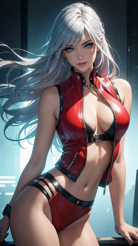 (best quality,ultra-detailed,photo-realistic:1.37),bright and vibrant colors,studio lighting,playful expression,stylish makeup, Red Leather Vest, Silver hair flowing in the wind,alluring eyes,glossy lips,sexy pose, smiling in a confident and seductive way,...