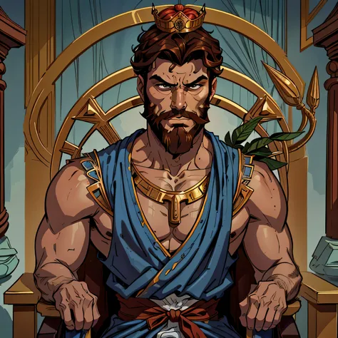 imagem de melhor qualidade, homem, rei, with long medium brown hair, com barba, olhar penetrante, serious expression, forte, sentado em um trono, with a crown on his head, em vestes reais, biblical style