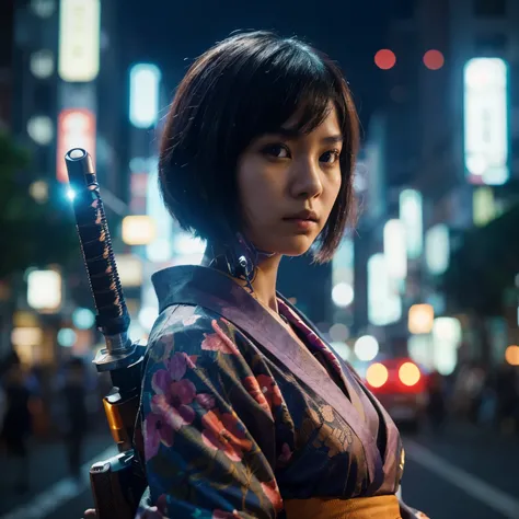 full shoot photography. cyberpunk style. an Indonesian woman with a round face, short hair, 20 years old, flat face, wearing a kimono, carrying a sword. Japanese night background. hyperrealistic photography, RAW, cinematic lighting, sharp focus.