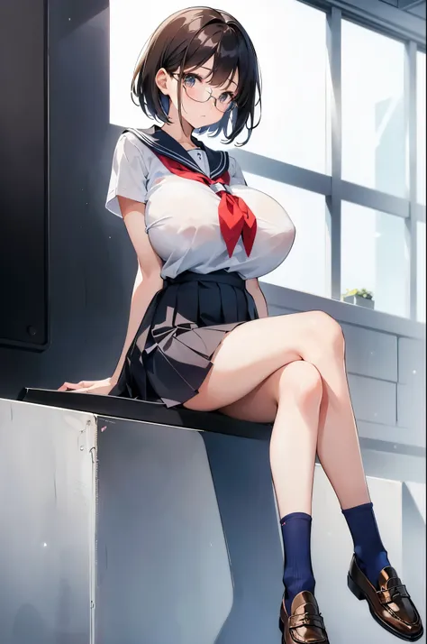 1 girl, glasses, (full body:1.2), sitting, (angle from below:1.1), (angle from the side:1.1), blush, (slim body:1.2), (huge breasts:1.5), (slender and long legs:1.1), black hair, short hair, high , sailor, pleated skirt, (blue socks:1.1), brown loafers,