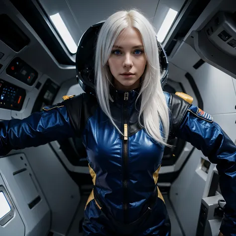 Woman with ,golden white hair,Blue eyes,,,black spacesuit