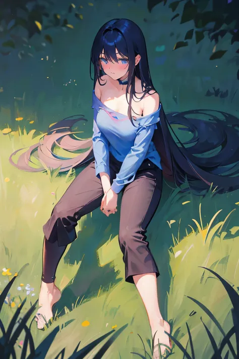 1girl, Black straight long hair, blue eyes, (Detailed face), Full body, ((intense Blue top)), medieval, (Grasslands bakcground), masterpiece, black pants, (cute face), (blush), nervous expresion