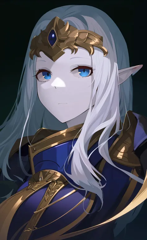 anime - style image of a woman with long white hair and blue eyes, portrait knights of zodiac girl, she has elf ears and gold eyes, portrait of an elf queen, elf princess knight, crisp clear rpg portrait, zerochan art, an elf queen, alluring elf princess k...