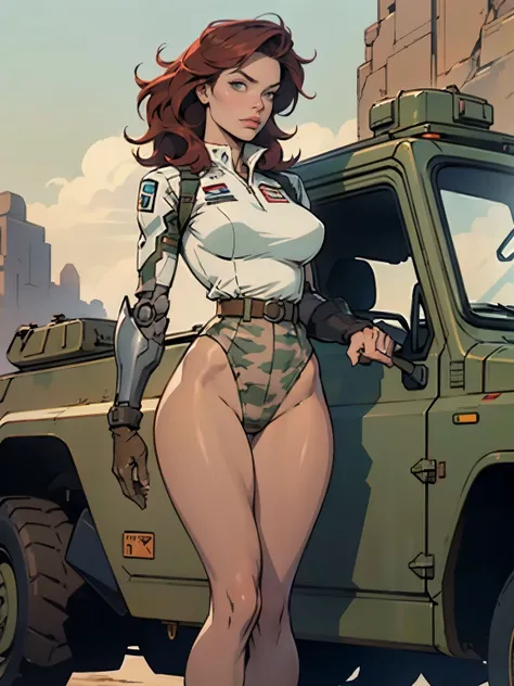 1woman 20 years old, military, beautiful, perfect body, realistic, red hair, perfect body, thin waist,  , large breasts, slim thighs, desert background, armored vehicle, flying fighters, military robot dog, camouflaged uniform, wealth of details, tight pan...