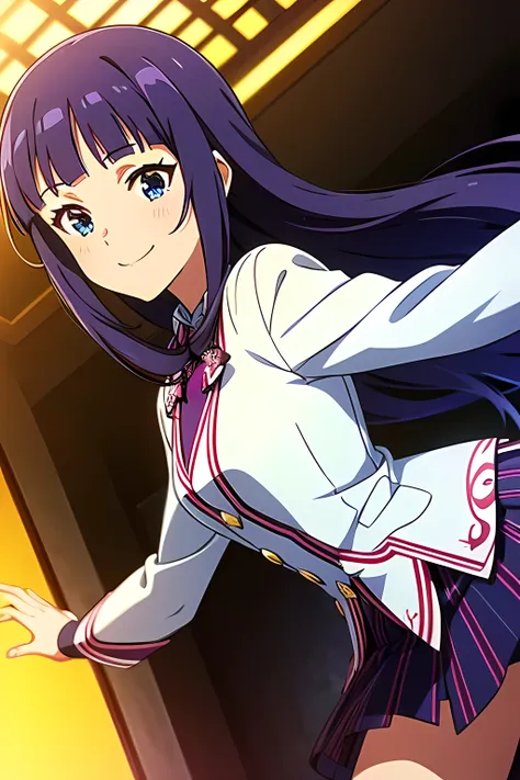 mirishita style, 1girl, solo, {idol clothes, masterpiece}, {dynamic angle}, smile, dark purple hair, blunt bangs, blue eyes