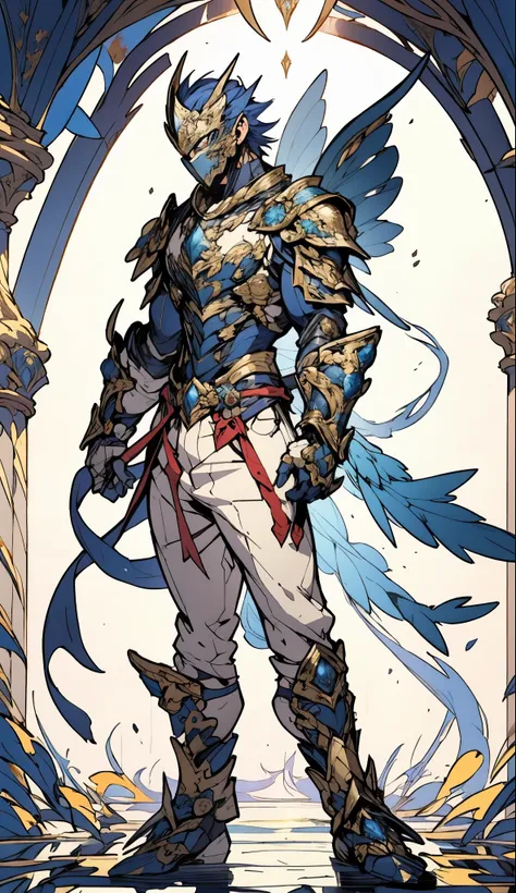A man with short golden hair slicked back, his face entirely obscured by a Dynastinae concept mask, full mask, cold gaze, clad in an indigo blue fantasy-style Dynastinae concept chest plate, his arms and legs are clad in matching armor, he wears a white un...