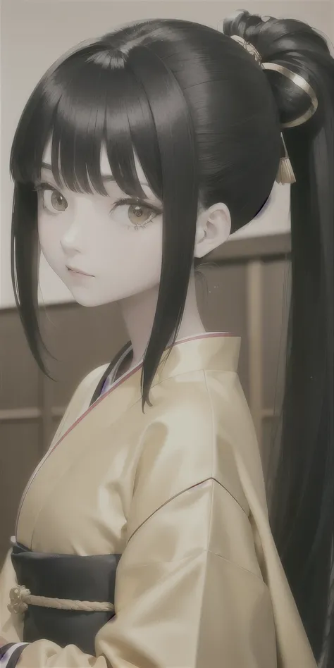 best quality, masterpiece,black hair, gold eyes,kyoto clothes, looking up, upper body,ponytail hair,Fair skin,